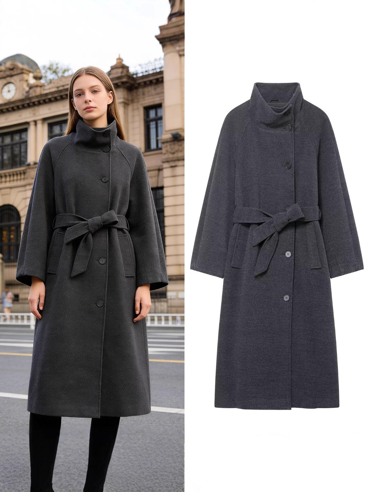Women's Stand Collar Belted Long Coat - originaledrip 48.00