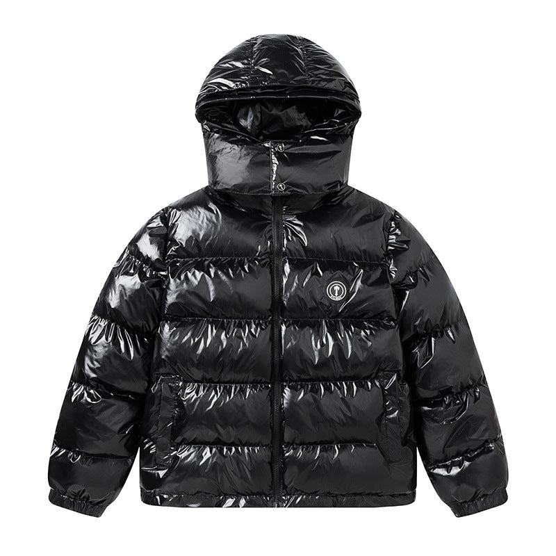 Giacca nera lucida in cotone spesso con piccolo logo