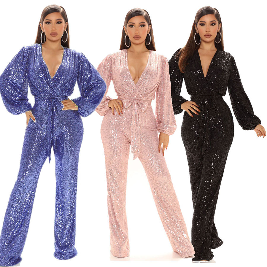 Tuta donna con paillettes, scollo a V e gamba larga