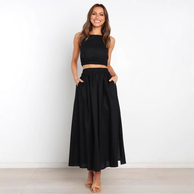 Solid color slim-fit pleated midi skirt