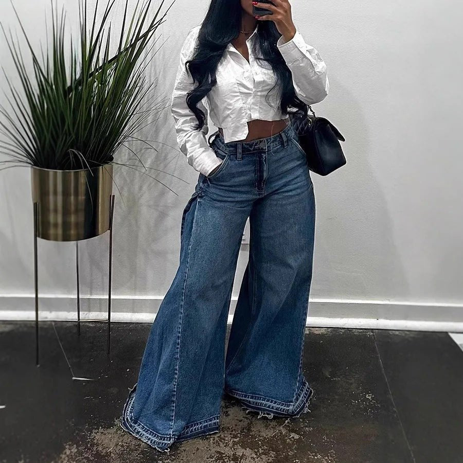 Loose Wide Leg Jeans Stitching Bell-bottom Pants Tassel Trousers-2