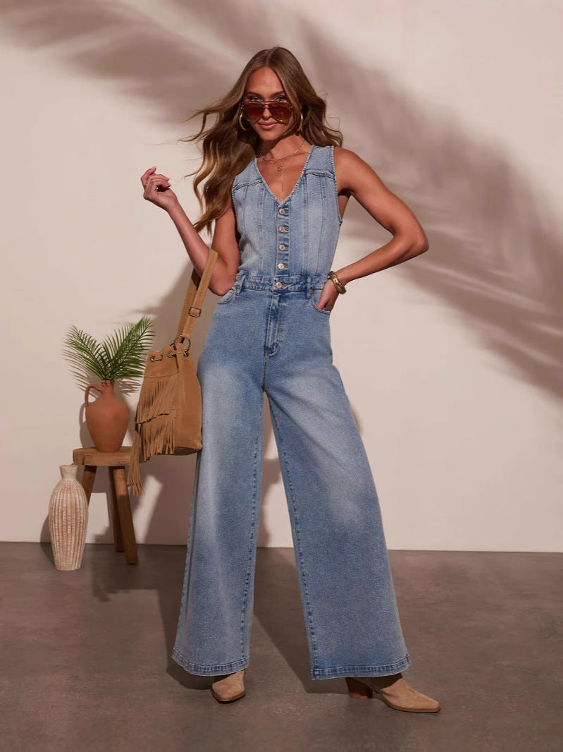 Tuta intera da donna in denim senza maniche con scollo a