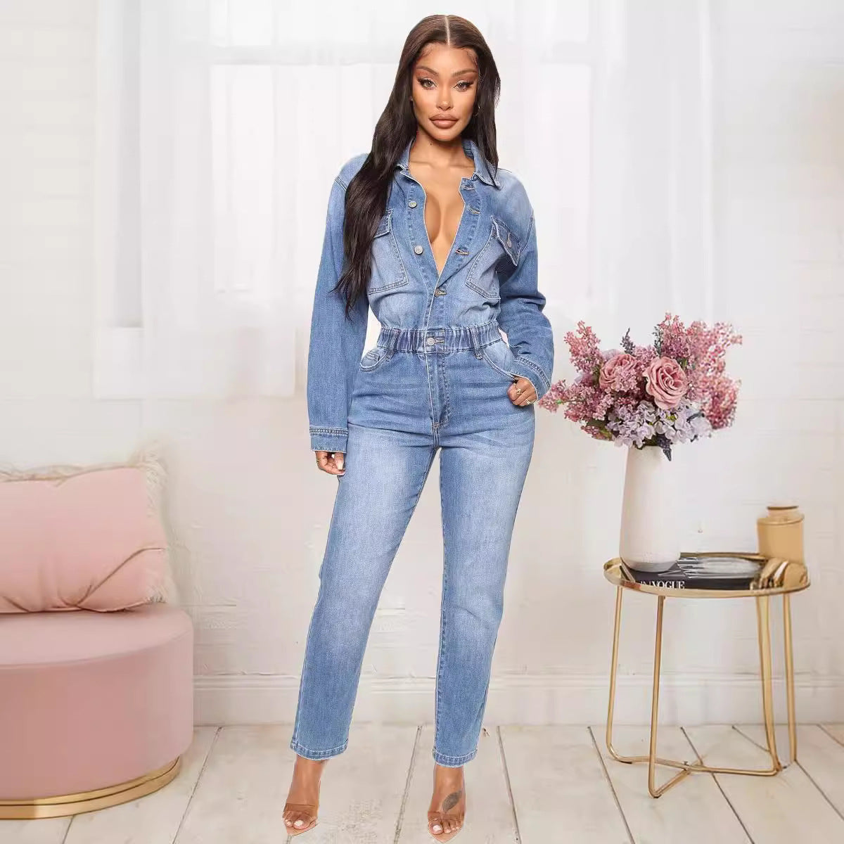 Tuta intera in denim a maniche lunghe da donna