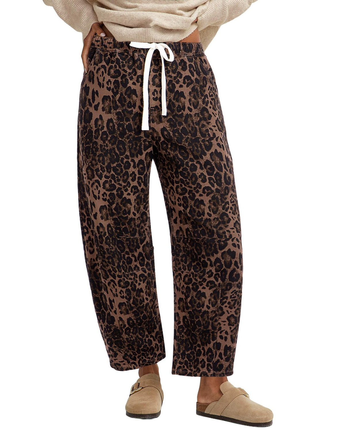 Pantaloni donna leopardati a gamba dritta con vita elasticizzata