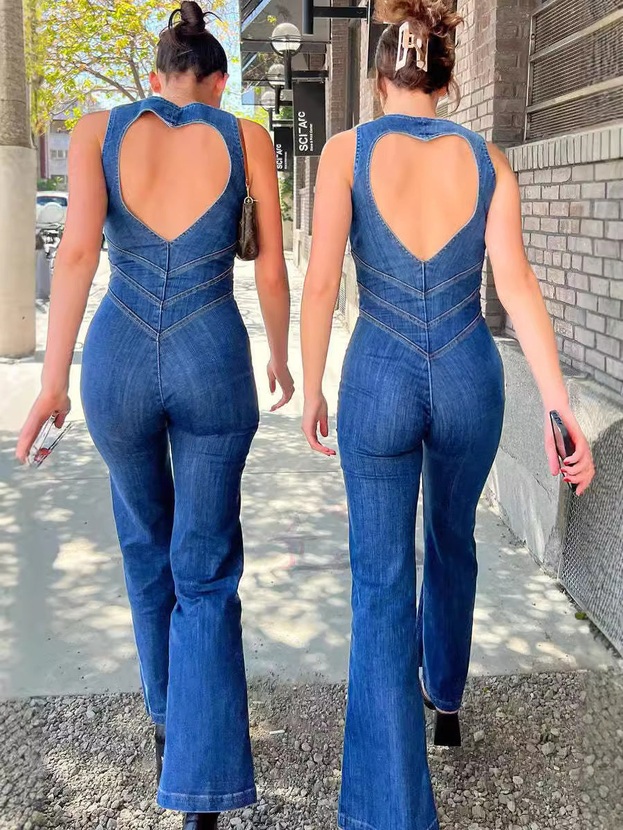 Tuta intera in denim senza maniche dalla vestibilit� aderente