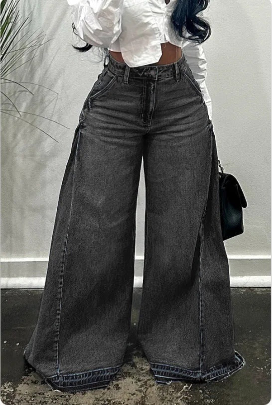 Loose Wide Leg Jeans Stitching Bell-bottom Pants Tassel Trousers-5