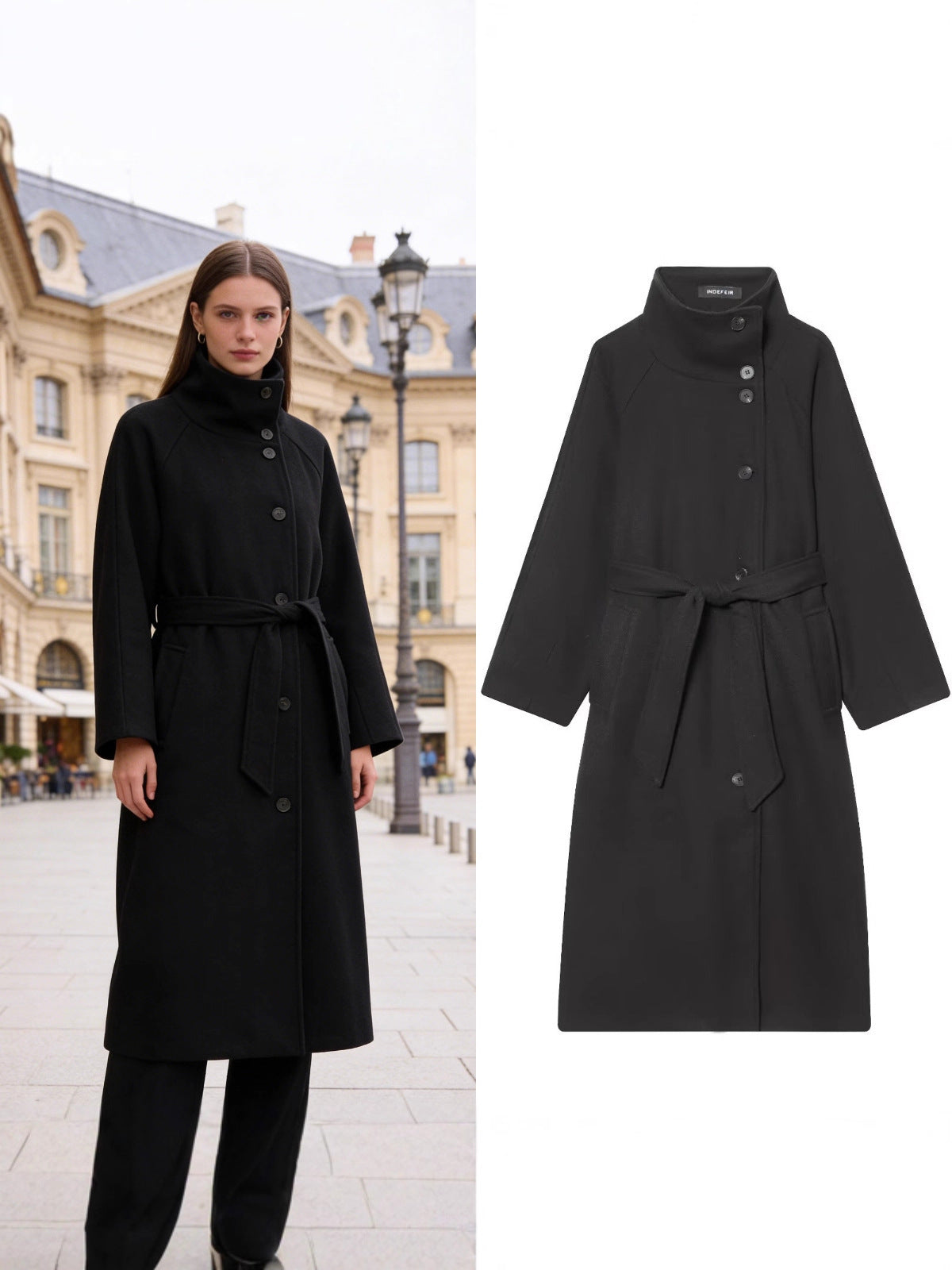 Women's Stand Collar Belted Long Coat - originaledrip 48.00
