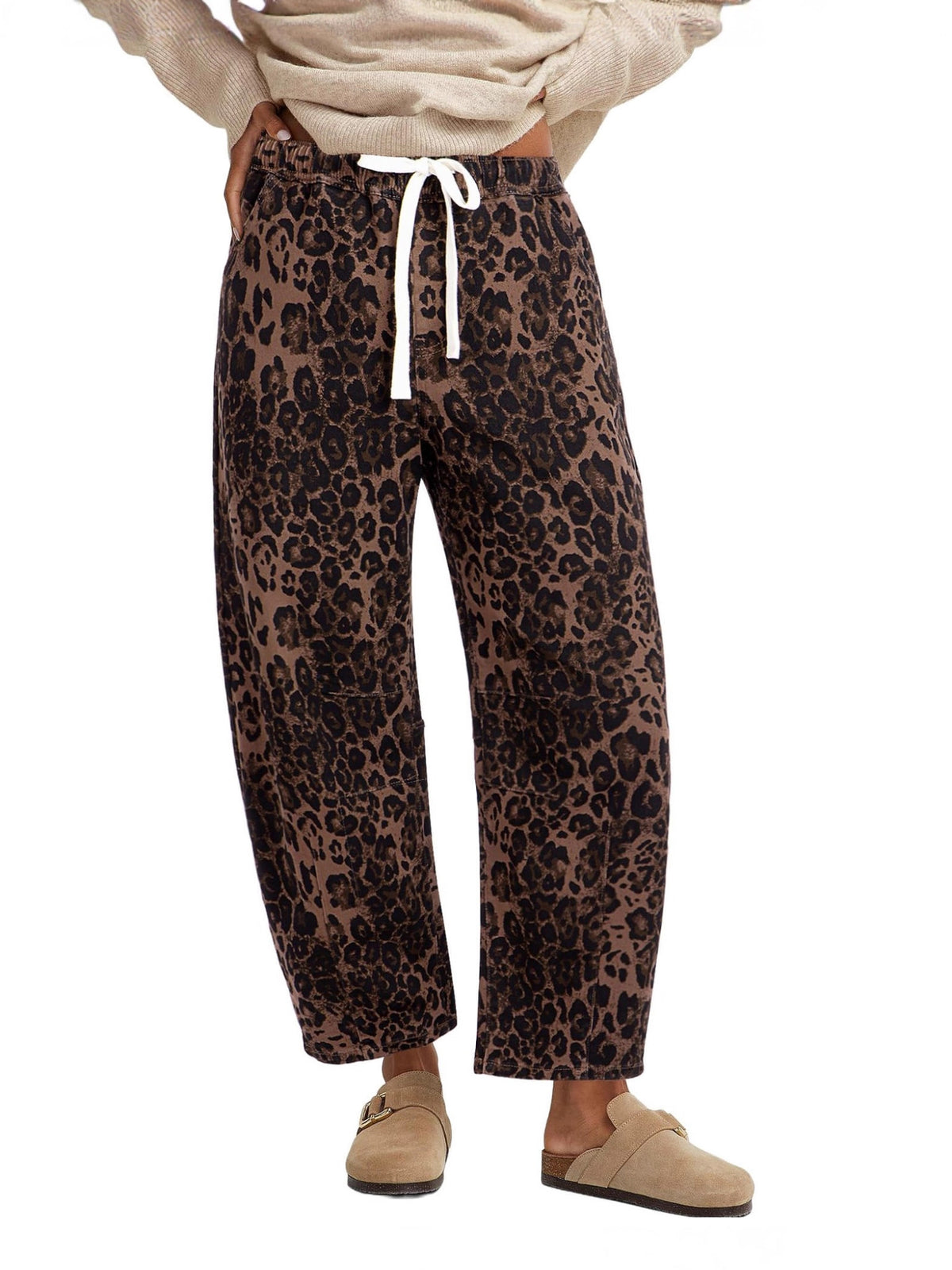 Pantaloni donna leopardati a gamba dritta con vita elasticizzata
