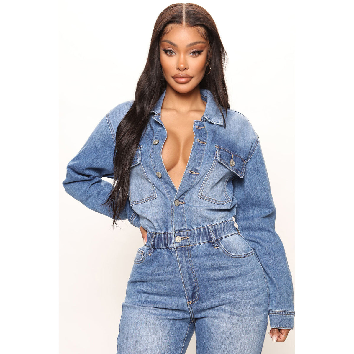 Tuta intera in denim a maniche lunghe da donna