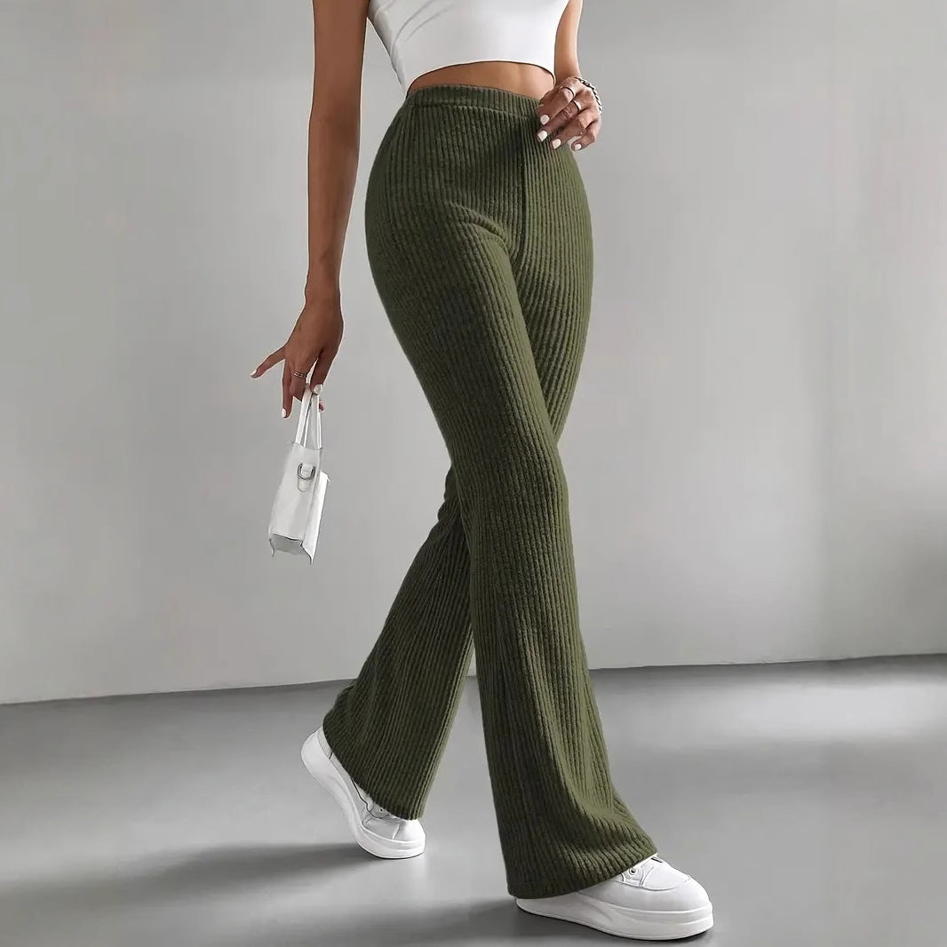 Pantaloni a zampa da donna, pantaloni casual a coste in tinta unita