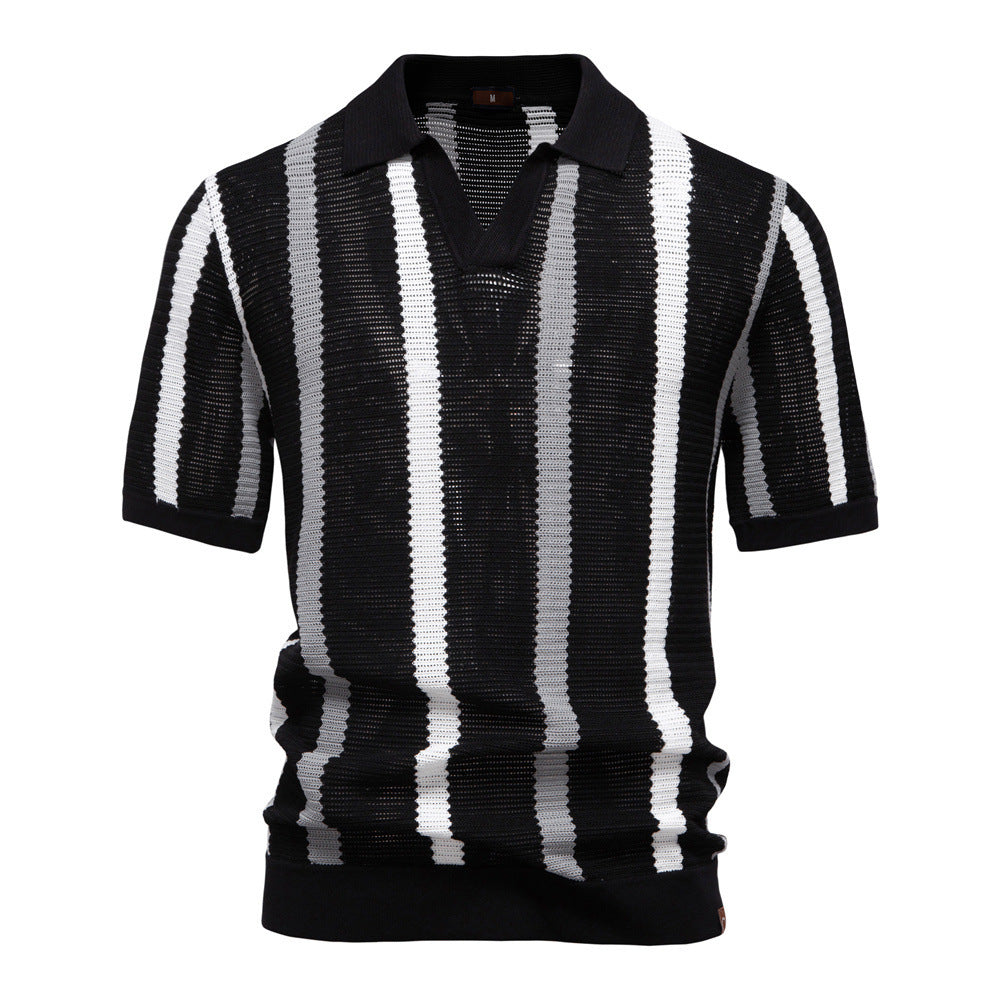 Breathable Striped Mens Polo Shirt Summer Short Sleeve Knit Top - originaledrip 25.00