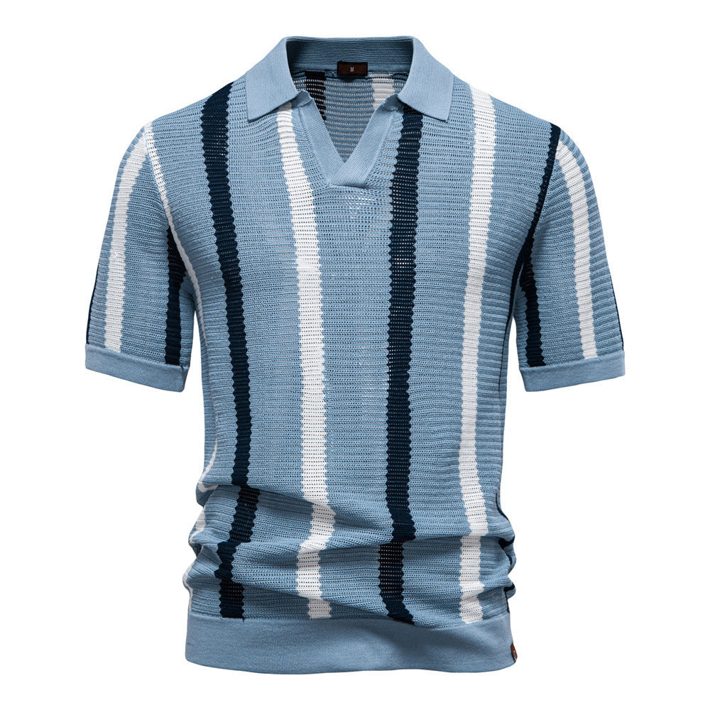 Breathable Striped Mens Polo Shirt Summer Short Sleeve Knit Top - originaledrip 25.00