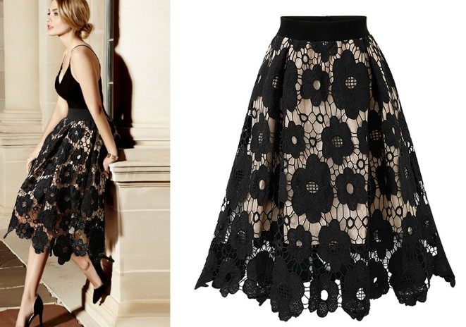 Gonna midi a trapezio in pizzo da donna