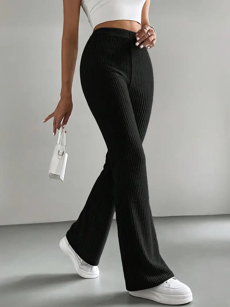 Pantaloni a zampa da donna, pantaloni casual a coste in tinta unita
