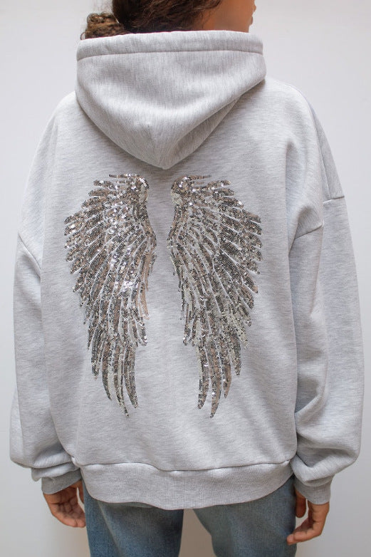 Felpa con cappuccio e pantaloni casual con paillettes e ali in stile dolce e piccante
