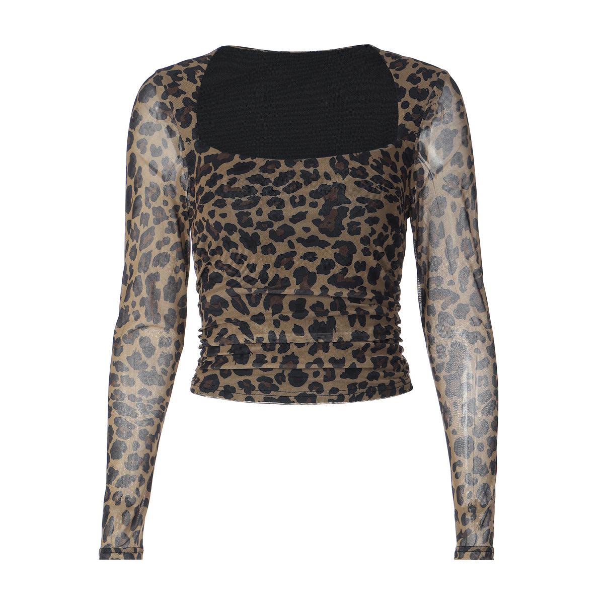 T-shirt da donna a maniche lunghe in rete con stampa leopardata