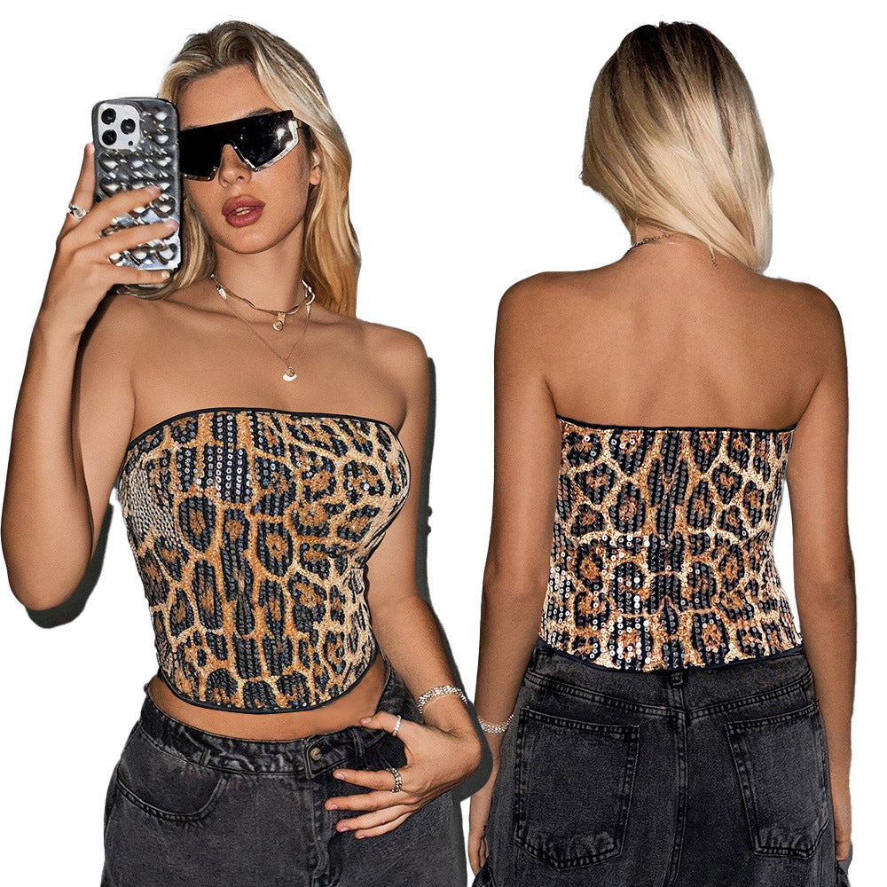 Leopard Print Sequin Tube Top