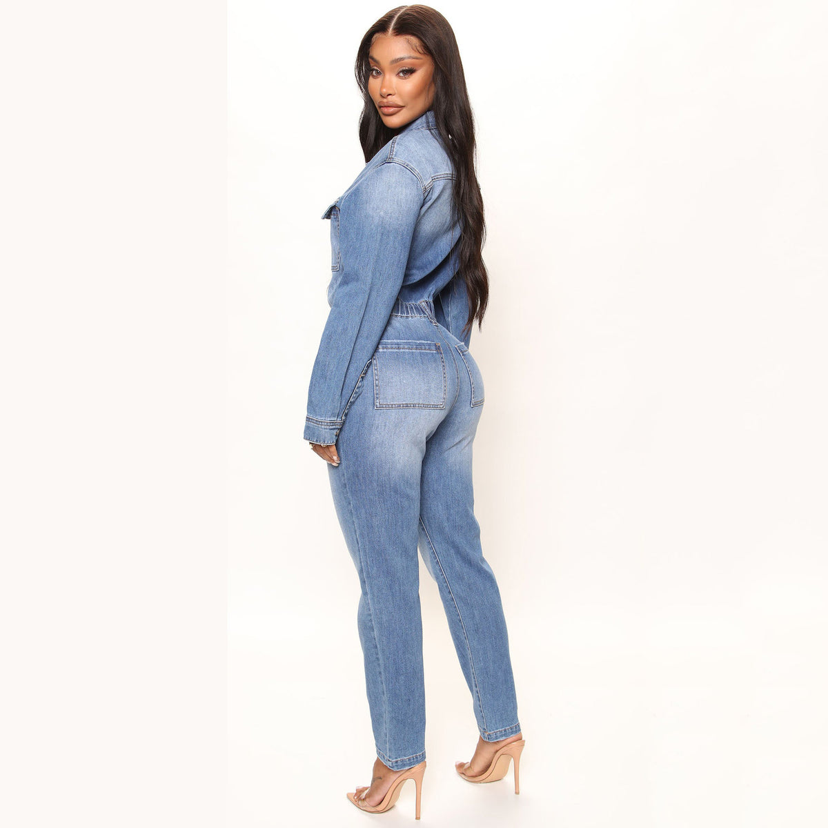 Tuta intera in denim a maniche lunghe da donna