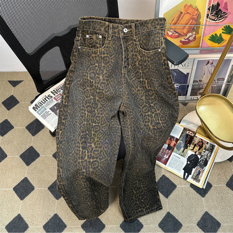 American Retro Leopard Print Wide Leg Denim Pants