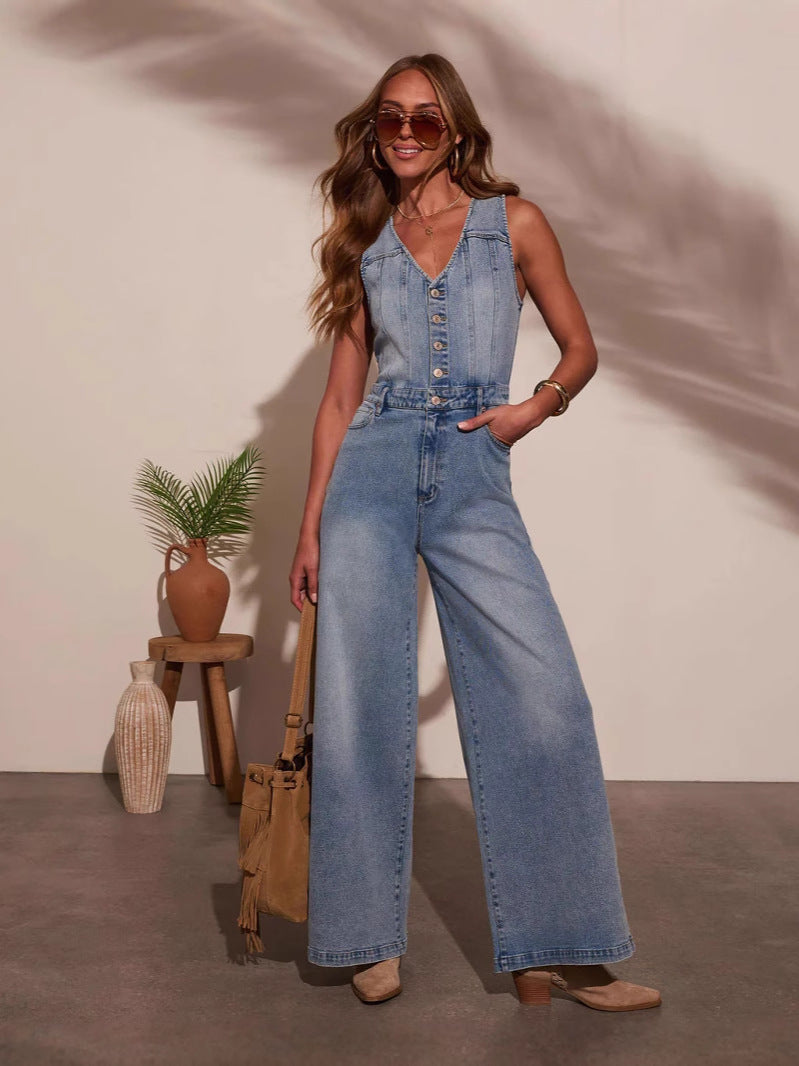 Tuta intera da donna in denim senza maniche con scollo a