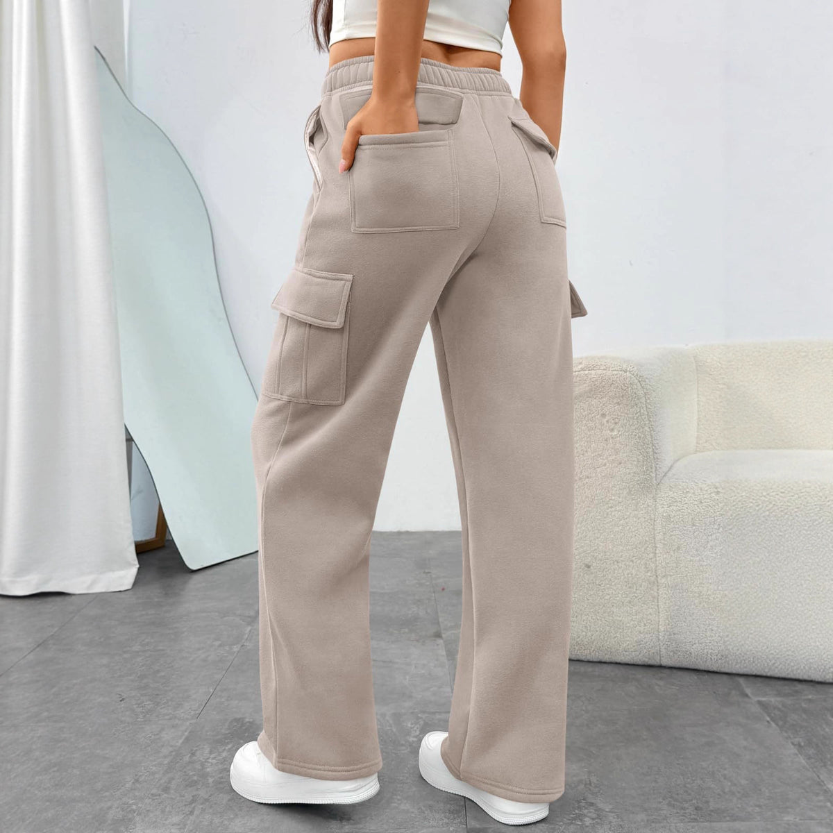 Pantaloni cargo donna a vita alta e gamba larga